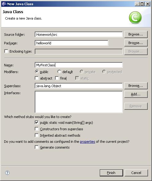 The New Java Class Dialog