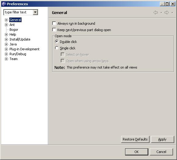 The initial view of the preferences dialog