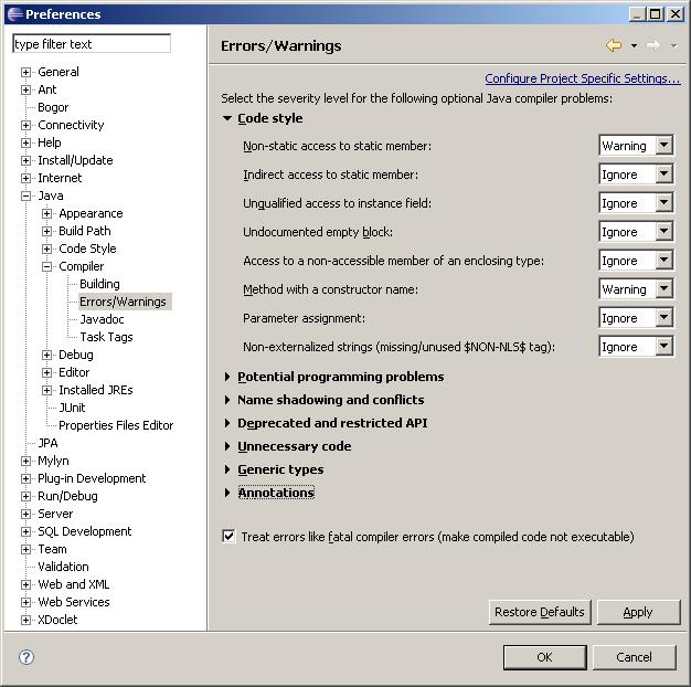 The dialog for configuring how Eclipse treats some of Java's warnings and errors